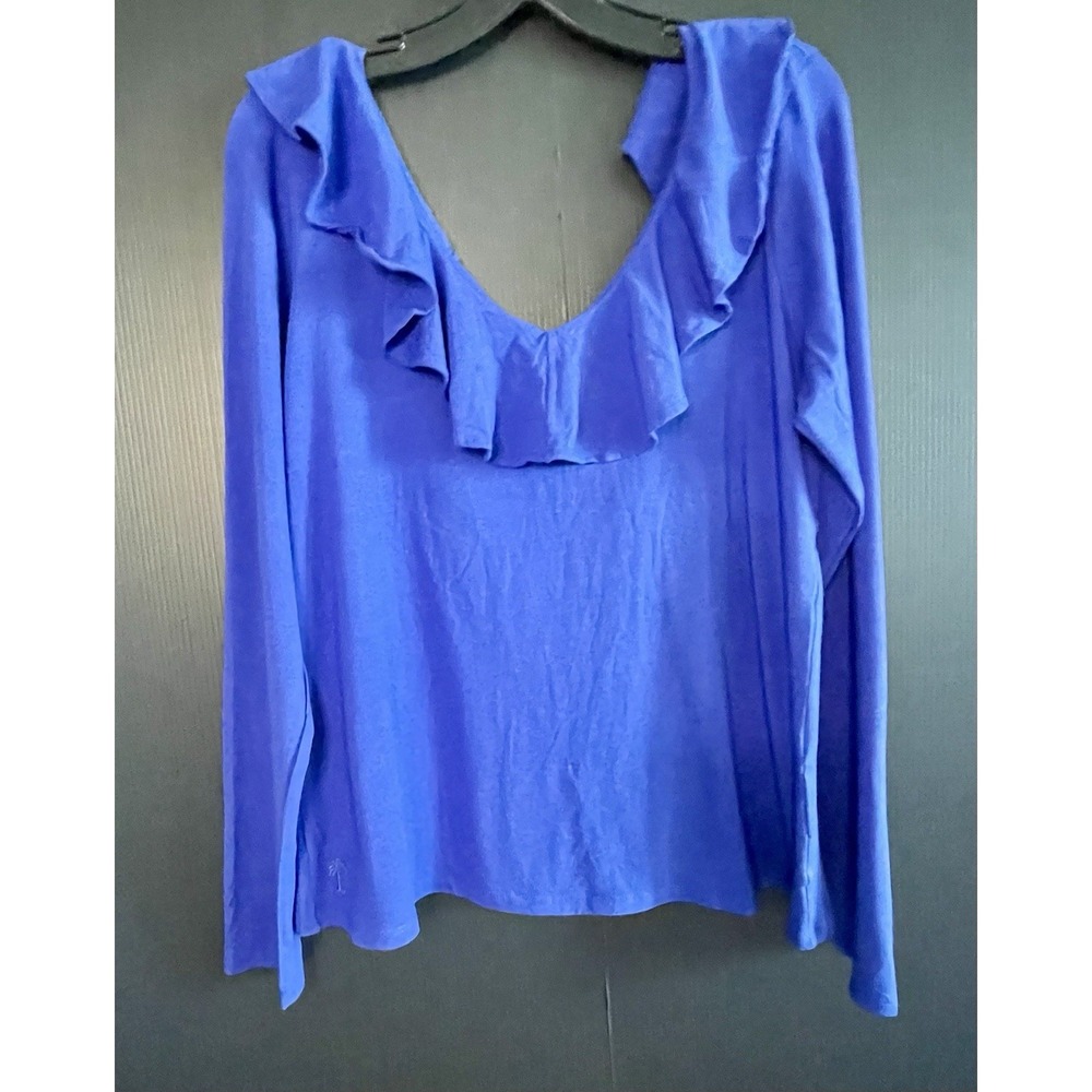 New Lilly Pulitzer XL Alessa Ruffle Long Sleeve Shirt Blue Preppy Size X Large - Picture 2 of 8